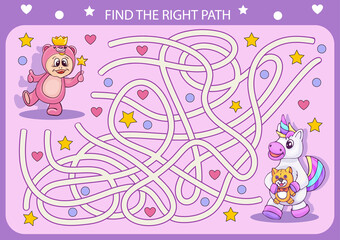 Wall Mural - Children maze game with cute unicorn and baby princess. Kids worksheet, activity page. Educational riddle. Vector illustration. Vector illustration.