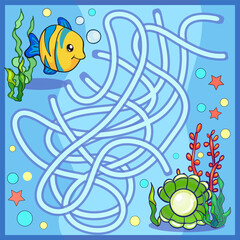 Wall Mural - Kids maze game with cartoon cute fish  and pearl shell. Children funny worksheet. Education activity page. Vector illustration. 