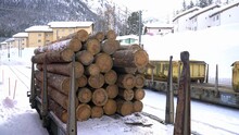 Wood Tree Trunks Transported On A Train Wagon In Snowy Mountain Landscape