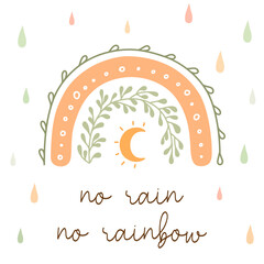 Wall Mural - Kids poster with rainbow, drops and quote follow the rainbow. Cute pastel baby print for nursery. Vector card design. Spring childish postcard in scandinavian style.