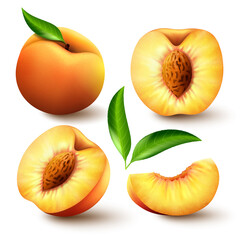Wall Mural - set of realistic ripe peaches with green leaves, whole, half and slices. juicy sweet fruits realisti