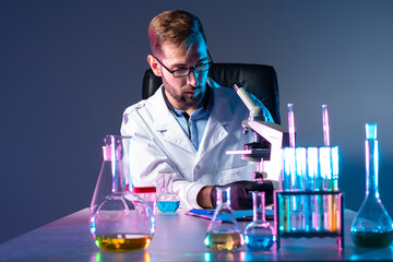Poster - medical research abstract. portrait of medical researcher at work. medical researcher working in lab