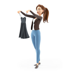 3d cartoon woman looking for a dress