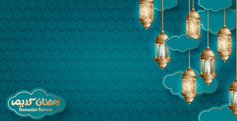 Wall Mural - islamic greetings ramadan kareem card design with gold lanterns