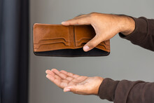 Close Up Male Hand Open The Empty Wallet.There Is No Money In Wallet. Financial Business Concept.