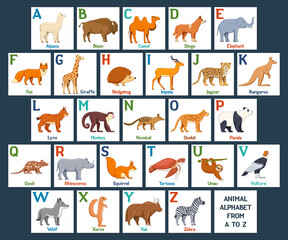  Cute Animals alphabet cards for kids education. Educational preschool learning ABC card with animal and letter. Cartoon vector illustration set