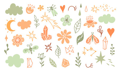 Wall Mural - Spring elements. Scandinavian floral design element. Set of cute boho baby design. Collection of decorative nature symbols. Creator for kids and nursery prints.
