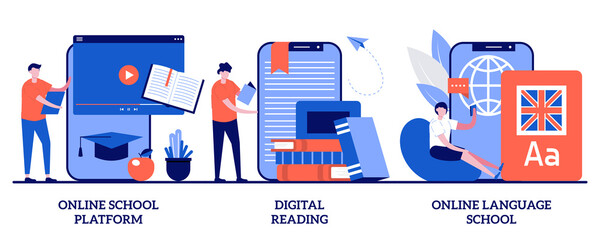 Poster - Online school platform, digital reading, language school concept with tiny people. Online education vector illustration set. Homeschooling, education platform, recorded video classes metaphor