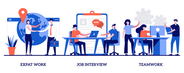 Poster - Expat work, job interview, teamwork concept with tiny people. Employment stages abstract vector illustration set. Recruitment service searching candidates, coworkers business meeting metaphor