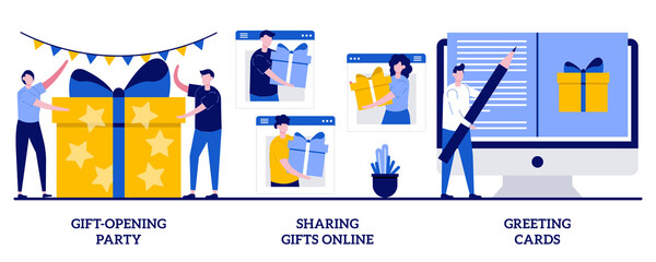 Poster - Gift-opening party, sharing gifts online, greeting cards concept with tiny people. Holiday celebration abstract vector illustration set. Family tradition, guest invitation, virtual party metaphor