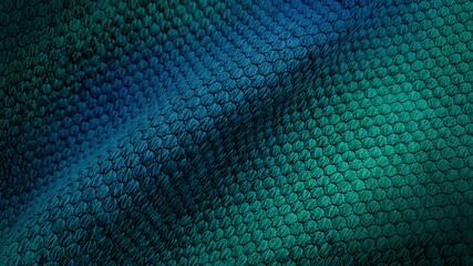 Wall Mural - close up texture gradient blue and green fabric of sackcloth drapery, photo shoot by depth of field for object. wavy soft and smooth blue turquoise fabric background. macro view of cashmere fabric.