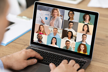 Sticker - Online Meeting. Diverse Multiethnic Business People Making Video Conference On Laptop