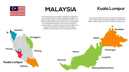 Poster - Malaysia map. Vector image of a global map in the form of regions of Malaysia a regions. Country flag. Infographic timeline. Easy to edit