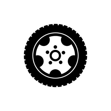 Tire car icon isolated on white background. Black disk wheel silhouette. Simple flat design. Vector illustration.