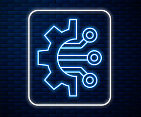 Glowing neon line Algorithm icon isolated on brick wall background. Algorithm symbol design from Artificial Intelligence collection. Vector Illustration.
