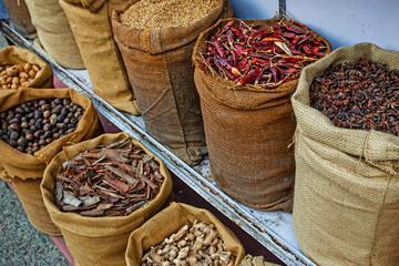 Wide assortment of spices in the spice market in Kochi, India