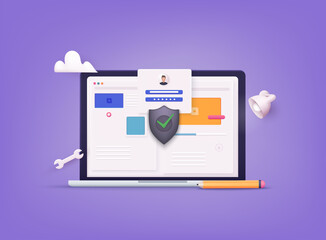 Poster - online file server protection system concept with computer and lock. 3d web vector illustrations.