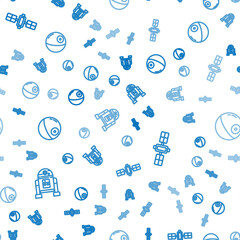 Poster - set line robot, satellite and death star on seamless pattern. vector.