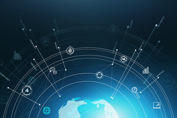 Poster - Earth globe with hologram, global network double exposure