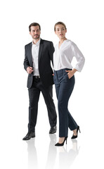 Wall Mural - Woman and man in office suit, isolated over white background