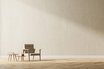 Loft and vintage interior of living room. Beige armchairs on white flooring and wall. 3d rendering