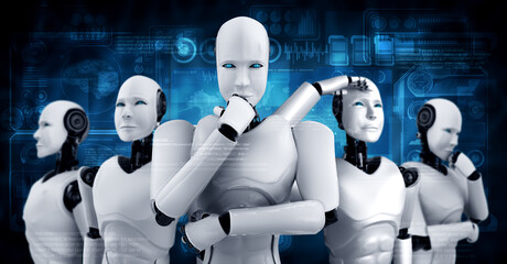 Poster - 3d illustration of robot humanoid group in concept of future artificial intelligence and 4th fourth 