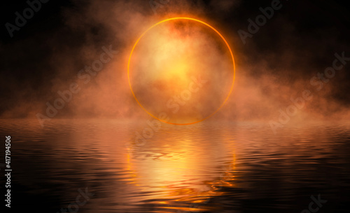 Futuristic abstract empty scene with smoke and neon circle, reflection in water, neon light. Night view. 3D illustration.  © MiaStendal