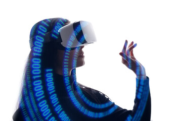 Wall Mural - Woman on white virtual reality background. Female using VR helmet. Augmented reality, future technology, game concept. Blue neon light. Futuristic holographic interface to display data.