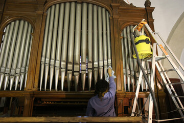 Wall Mural - Restoration of Saint Gervais baroque church.  Pipe organ repair.  France. 17.02.2017