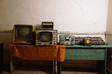 Old communication equipment in underground Soviet bunker