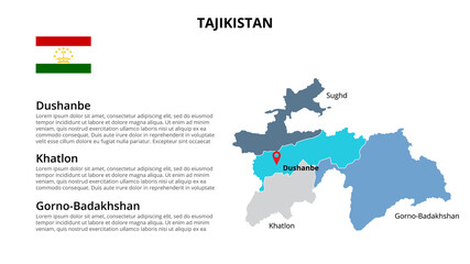  Tajikistan vector map infographic template divided by states, regions or provinces. Slide presentation