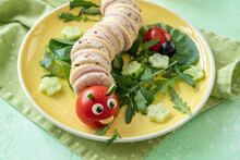 Funny Caterpillar Sanwich With Ham And Cheese For Kids Lunch