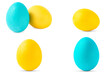 Colorful Easter eggs isolated on white background. Set of yellow and cyan easter eggs