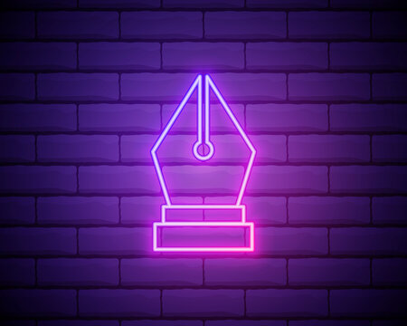 Calligraphy, ink pen neon icon - Vector. Blue neon illustration. Calligraphy, ink pen neon icon - Vector. Infographic concept vector illustration isolated on brick wall