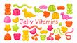 Candy chewy jelly vitamins set, colorful glossy sweet gummy juicy marmalade collection