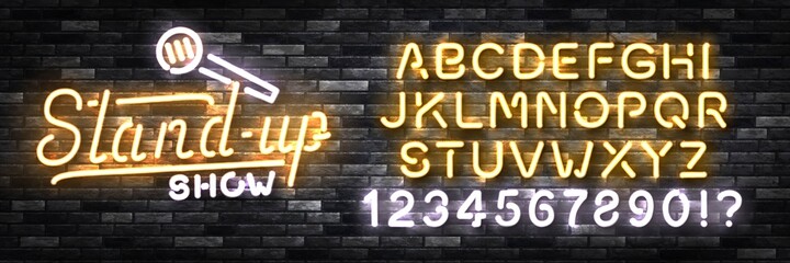 Wall Mural - Vector realistic isolated neon sign of Stand Up Show logo with easy to change color font alphabet on the wall background. Concept of comedy and humor.