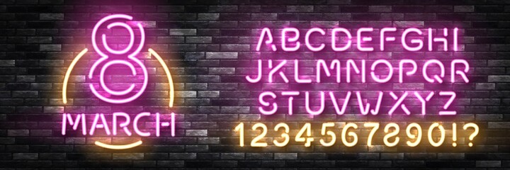 Wall Mural - vector realistic isolated neon sign of 8 march flyer logo with easy to change color font alphabet on