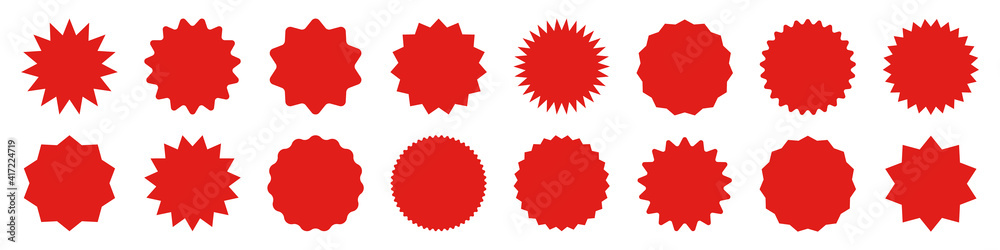 Red shopping labels collection. Sale or discount sticker. Special offer price tag. Supermarket promotional badge. Vector sunburst icon. - obrazy, fototapety, plakaty 