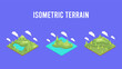 Isometric terrain with topography. Camping, hiking and travel outdoor. Mountains and plains. GPS map navigation. Isometric cartoon colorful vector illustration.