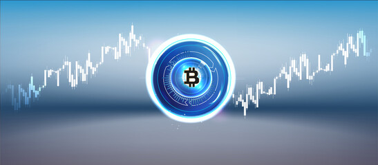 Poster - Forex, stock market trading chart vector banner; business finance abstract background. Crypto Currency Bitcoin On Blue Background Digital Web Money Modern Technology Banner
