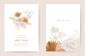 Poster - Botanical dalia wedding invitation card template design, tropical palm leaves frame set, dry pampas