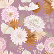 Watercolor dahlia flower, palm leaves, pampas grass, lunaria vector seamless background. Jungle dried flowers