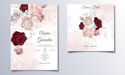 Sticker -  Elegant wedding invitation card with beautiful  maroon  floral and leaves template Premium Vector