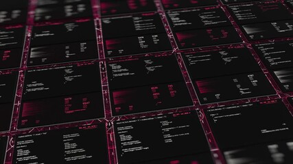 Poster - Abstract grid with moving graphs and writing data on black background, seamless loop. Animation. Concept of modern technologies and digital information.