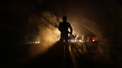 animal protection or hunting concept. silhouette of a man (hunter) with rifle standing against group