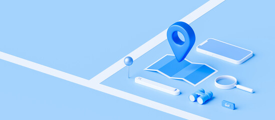 Fototapete - Isometric of map and location pin or navigation icon sign on blue background with search concept. 3D rendering.