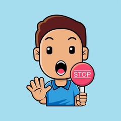 Poster - Cute boy with palm hand and holding stop sign board cartoon illustration