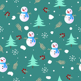Fototapeta Pokój dzieciecy - Christmas seamless pattern with snowman,christmas tree, snowflakes, snow, pine leaves and berries on green background,christmas vector illustration EPS.10