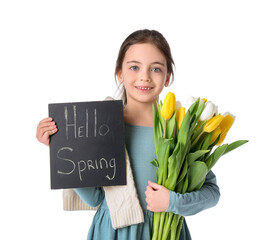 Poster - Cute little girl holding beautiful flowers and chalkboard with text HELLO SPRING on white background