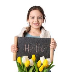 Poster - Cute little girl holding chalkboard with text HELLO and flowers on white background